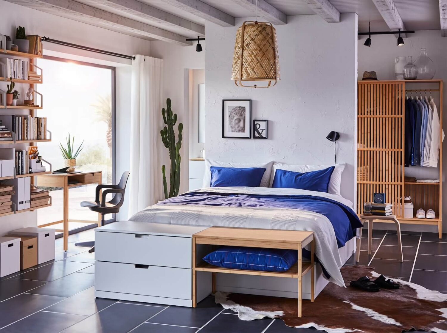 How To Design A Stylish Bedroom Home Office 11 bedroom home office ikea shelves tile floor nordroom How To Design A Stylish Bedroom Home Office