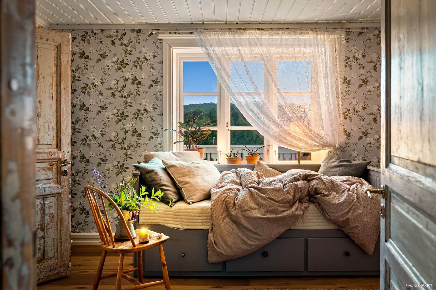 A Charming Swedish Villa Filled with Wallpaper 12 bedroom-ikea-storage-bed-wallpaper-nordroom