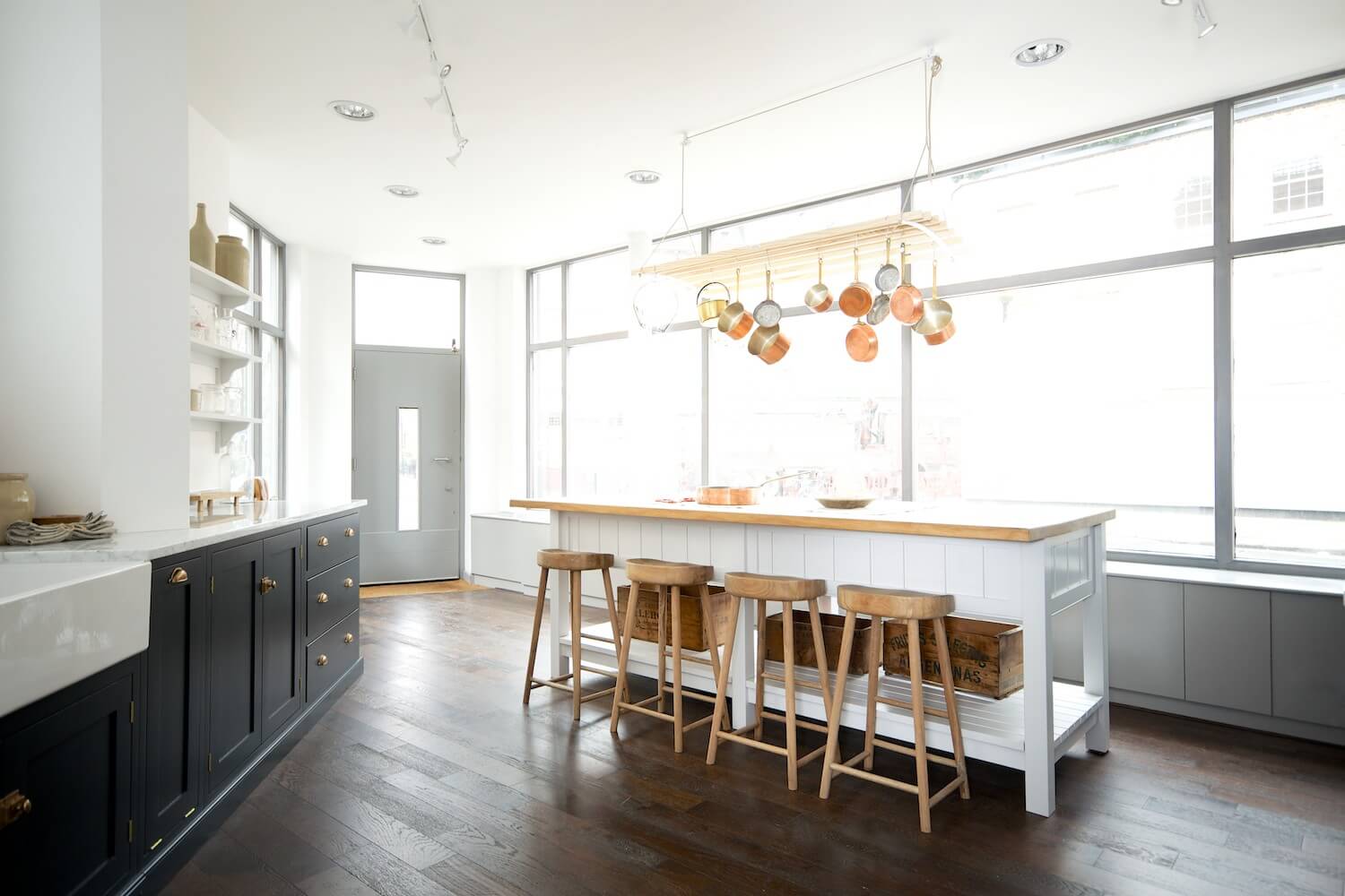 A Warm Makeover For A deVOL Shaker Kitchen 16 before dark blue kitchen white island nordroom A Warm Makeover For A deVOL Shaker Kitchen