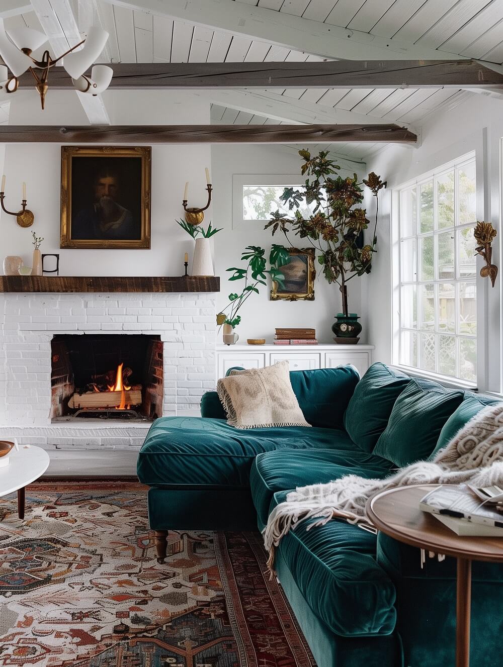 Glidden & PPG Color of the Year 2023: Vining Ivy 24 cottage living room with teal green sofa