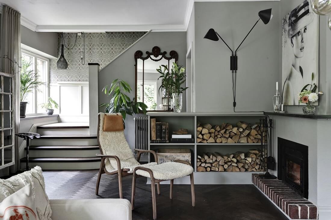 A Swedish 1930s Villa Decorated in Gray and Green Tones 3 cozy-gray-sitting-room-fireplace-nordroom