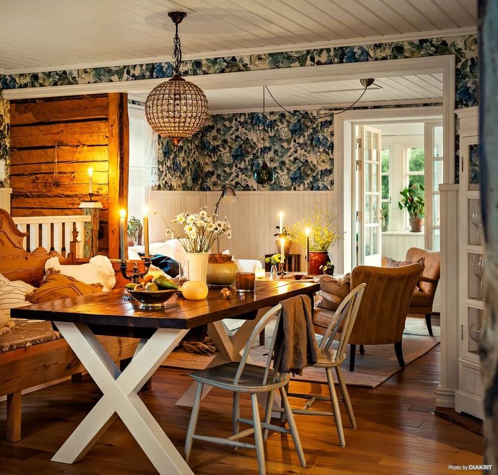 A Charming Swedish Villa Filled with Wallpaper 5 cozy-rustic-dining-room-swedish-home-wallpaper-nordroom