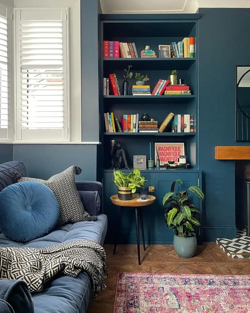 The Best Classic Paint Colors For A Timeless Living Room 15 farrow ball hague blue living room shelves nordroom The Best Classic Paint Colors For A Timeless Living Room