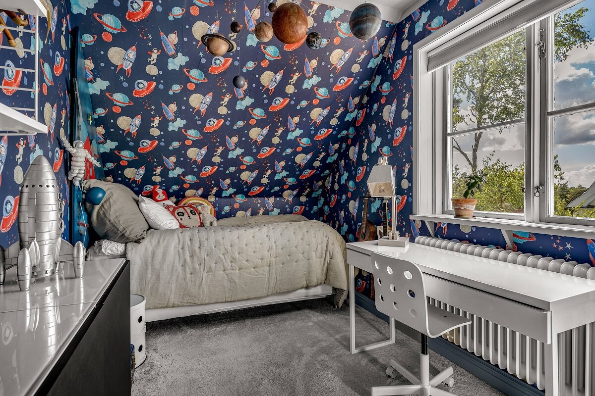 Bold Colors in a 1920s Villa in Sweden 21 kids-bedroom-blue-space-wallpaper-nordroom