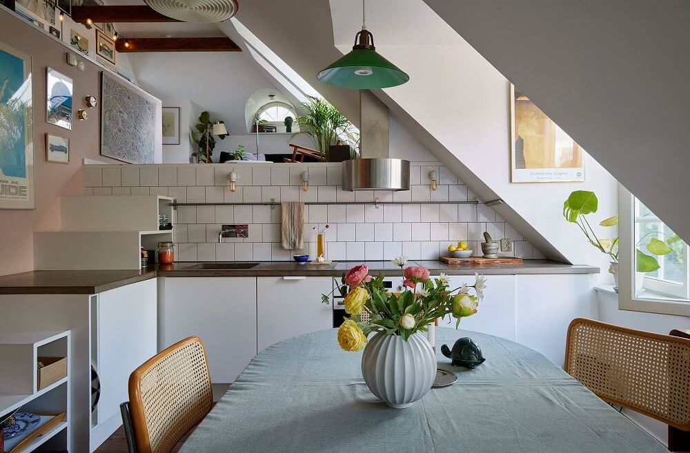 A Split-Level Attic Apartment with Blue Bedroom 2 kitchen-attic-apartment-sloped-ceiling-nordroom