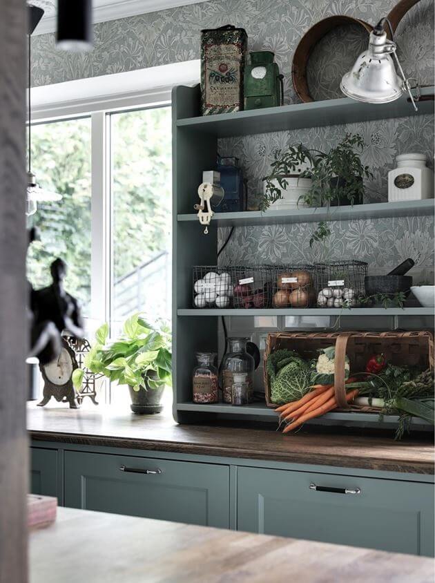 A Swedish 1930s Villa Decorated in Gray and Green Tones 5 kitchen-open-shelves-wallpaper-nordroom