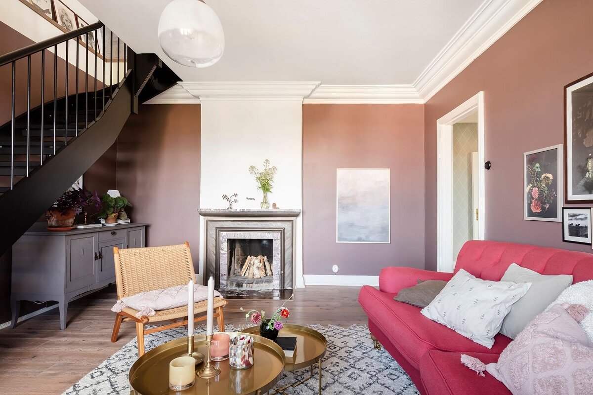 A Swedish Maisonette with Warm Pink Living Room 10 lady-daydream-pink-walls-nordroom