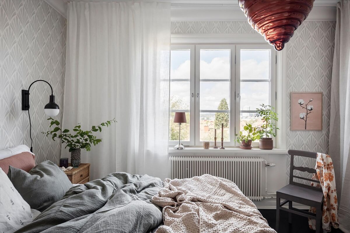 A Swedish Maisonette with Warm Pink Living Room 13 light-master-bedroom-wallpaper-nordroom
