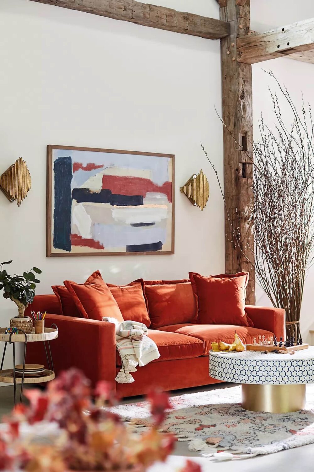 Glidden & PPG Color of the Year 2023: Vining Ivy 25 living-room-exposed-wooden-beams-orange-sofa-teal-coffee-table-nordroom