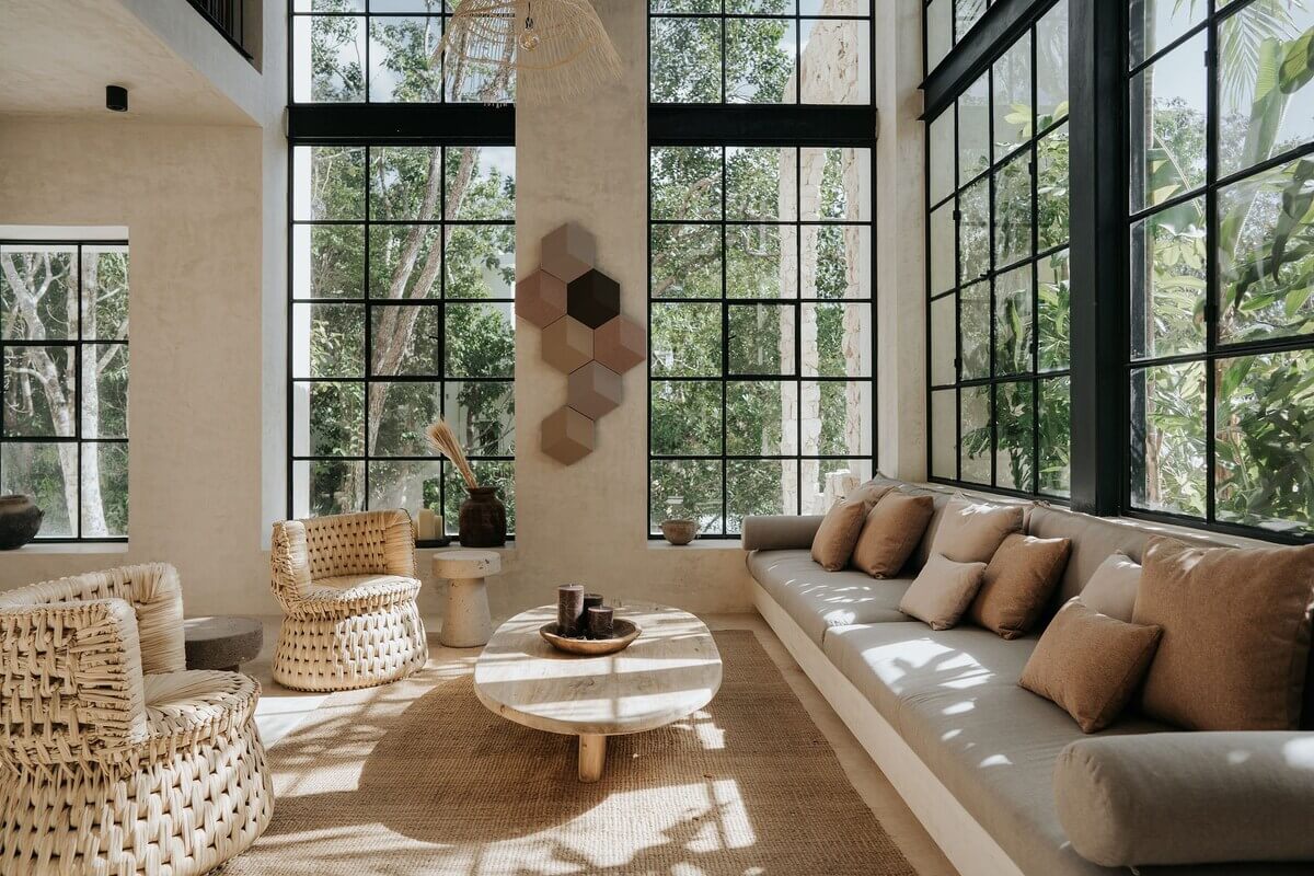 A Serene Apartment in Tulum with High Ceilings and Rooftop Pool 2 living-room-high-ceiling-windows-natural-materials-nordroom
