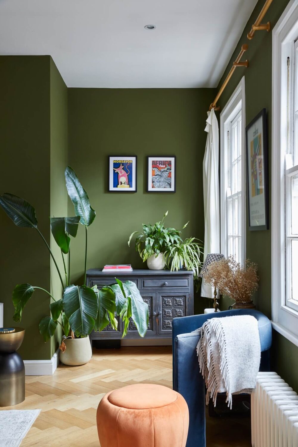 A London Apartment with Olive Green Living Room 4 living-room-olive-green-walls-blue-armchair-nordroom