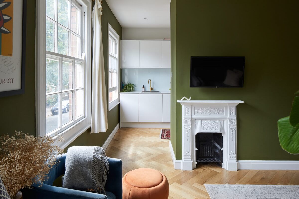A London Apartment with Olive Green Living Room 5 living-room-olive-green-walls-white-fireplace-nordroom