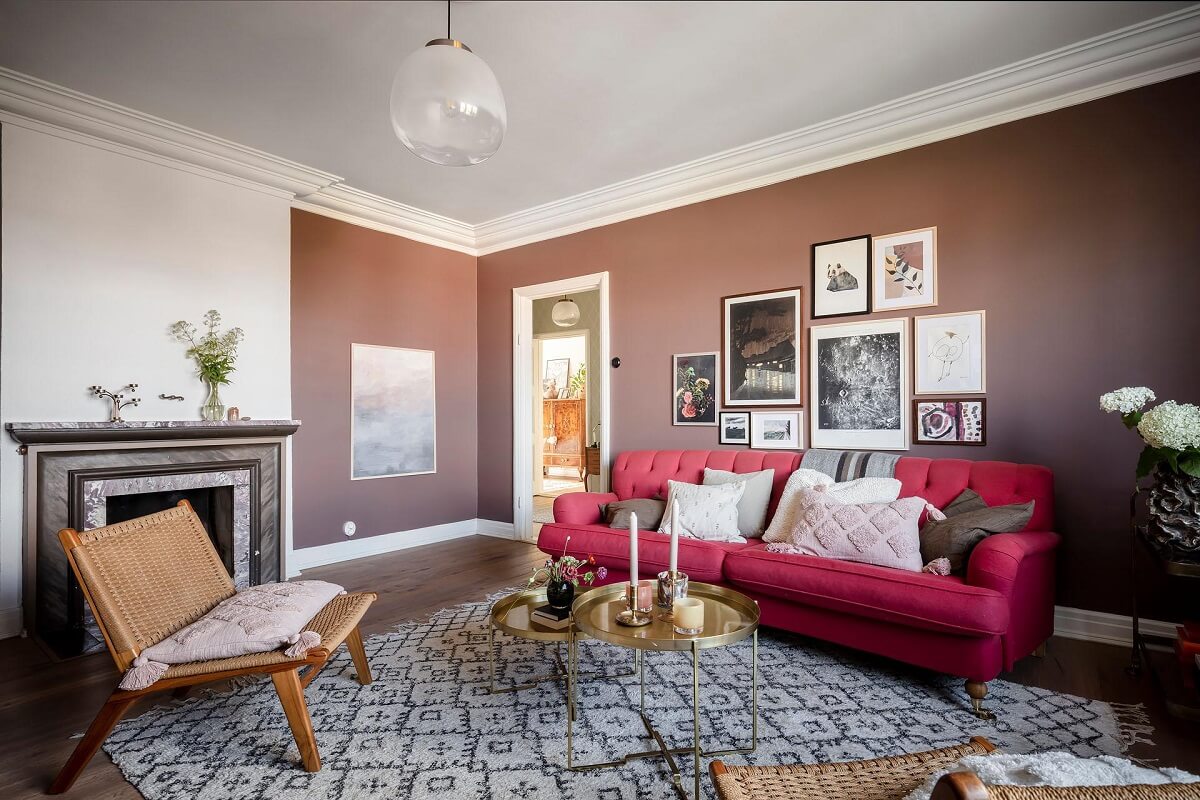 A Swedish Maisonette with Warm Pink Living Room 7 living-room-pink-sofa-earthy-pink-walls-nordroom