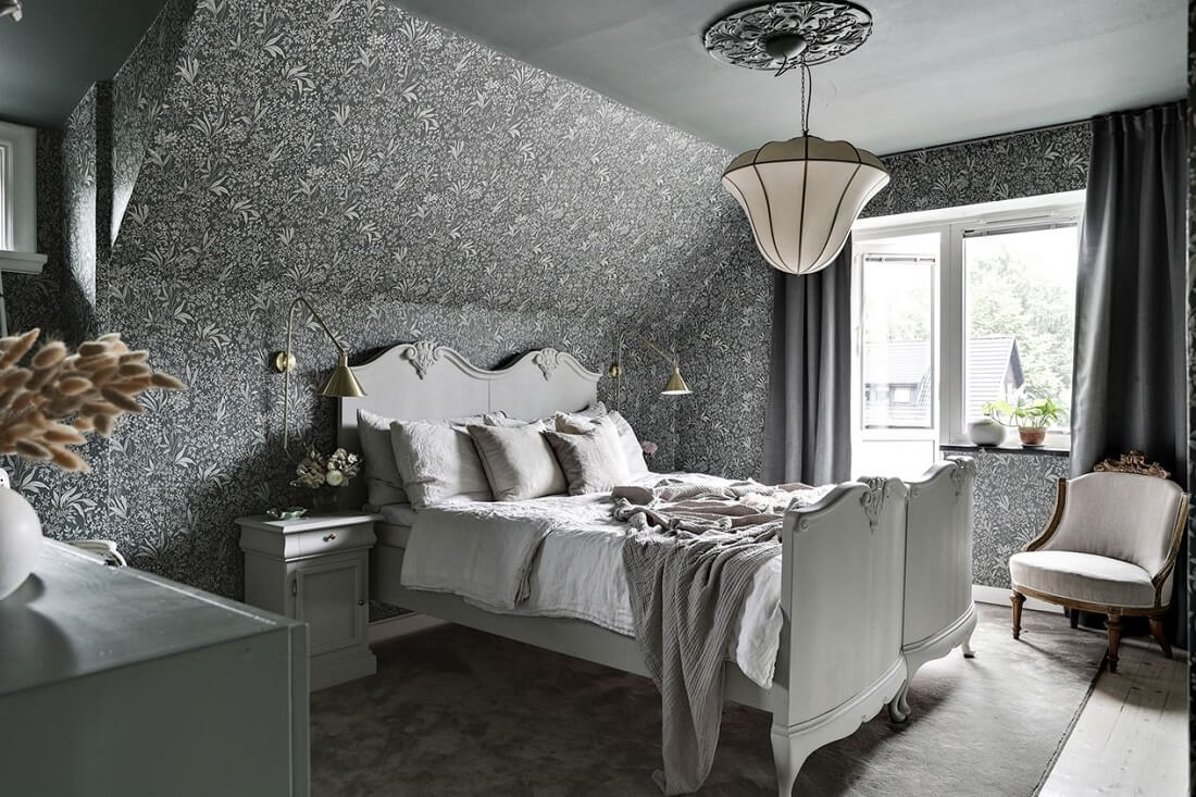 A Swedish 1930s Villa Decorated in Gray and Green Tones 12 master-bedroom-green-ceiling-leaf-wallpaper-nordroom