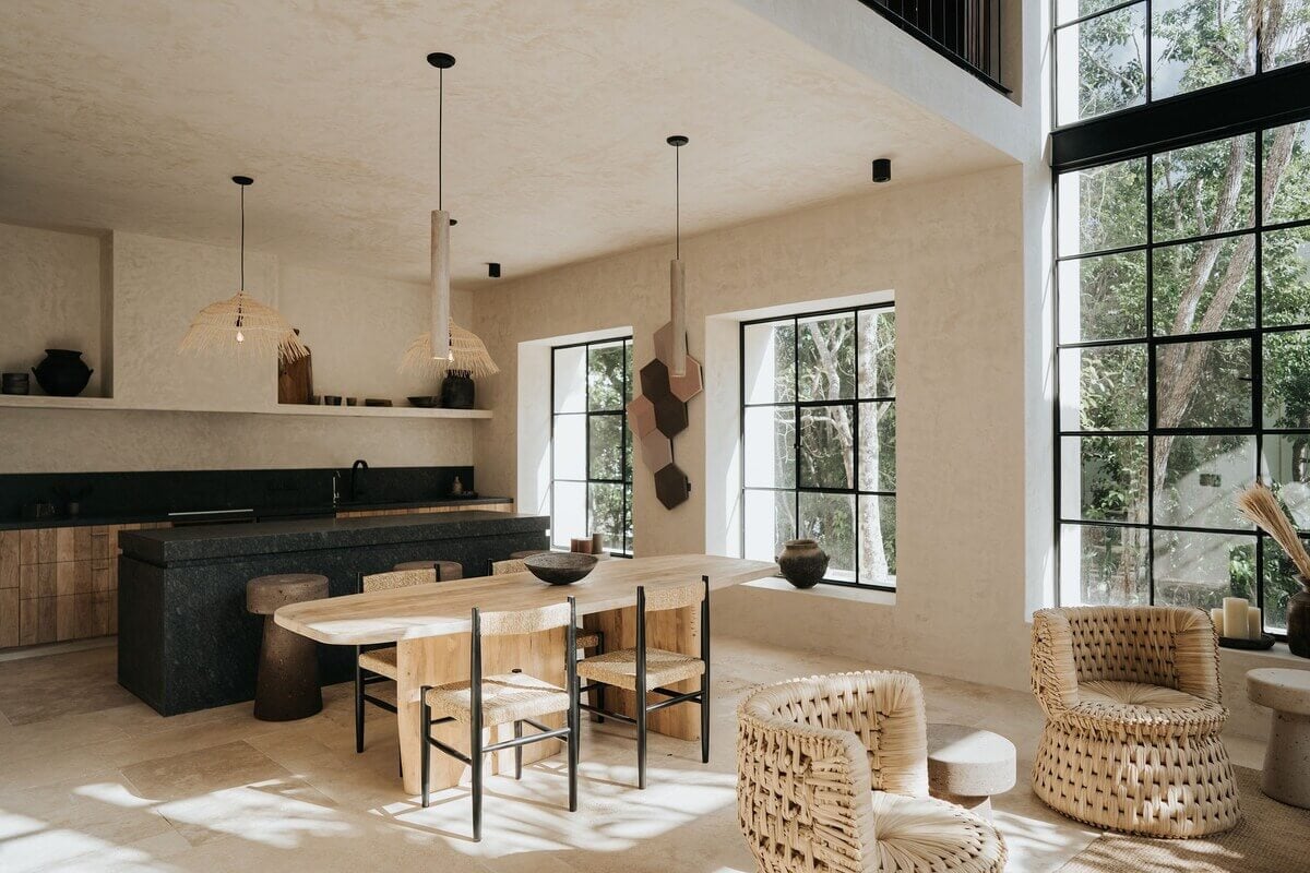 A Serene Apartment in Tulum with High Ceilings and Rooftop Pool 10 modern-kitchen-black-island-large-windows-nordroom