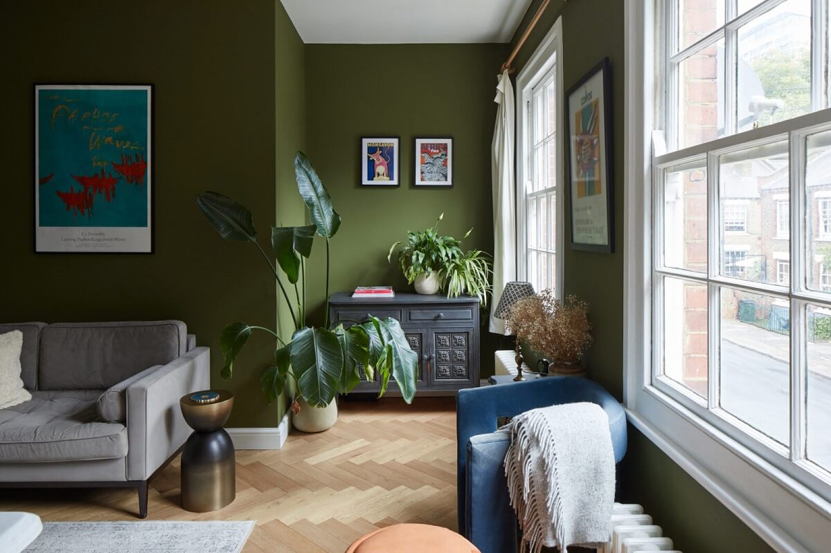 A London Apartment with Olive Green Living Room 3 olive-green-walls-living-room-london-nordroom