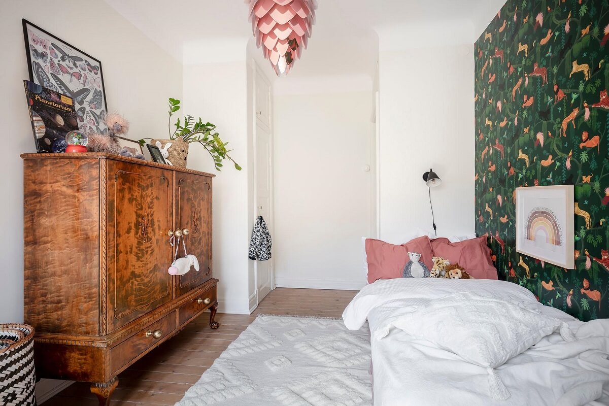 A Swedish Maisonette with Warm Pink Living Room 23 renn-designs-big-cats-green-wallpaper-kids-bedroom-nordroom
