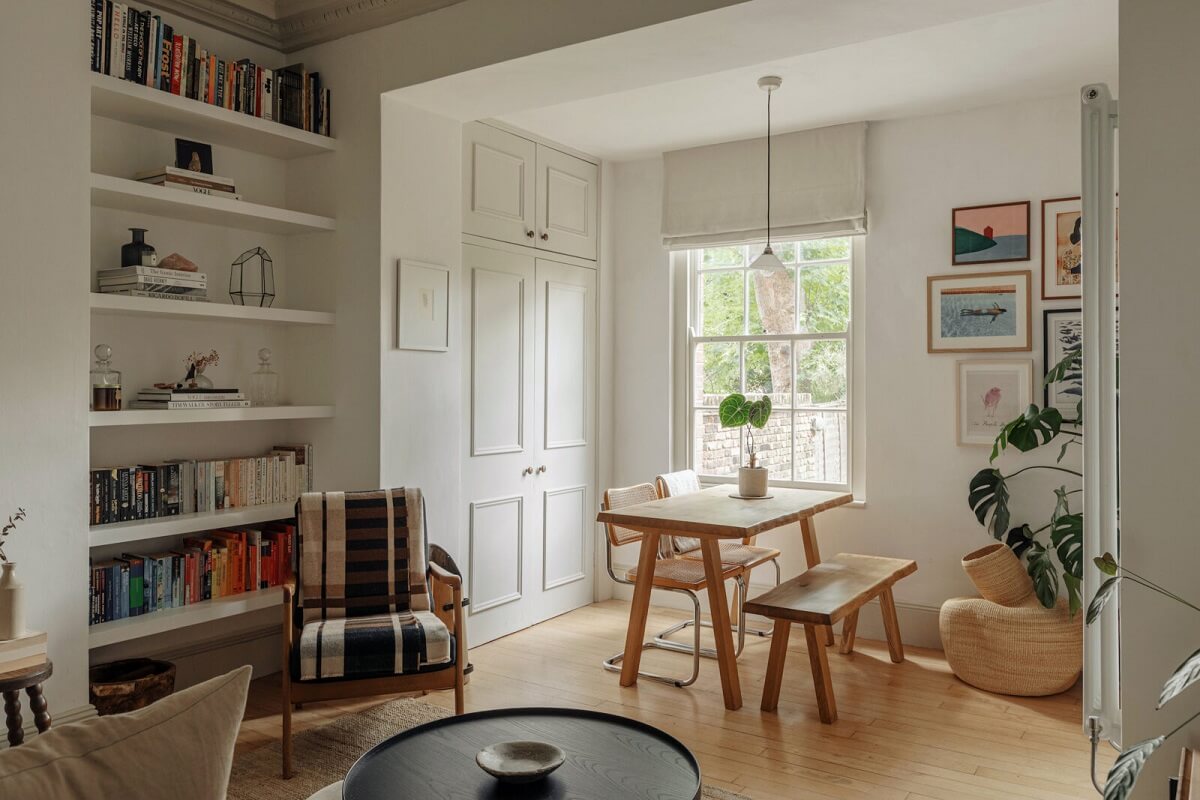 A Serene Period Home in London with Garden 5 serene-sitting-room-dining-space-bookshelves-nordroom