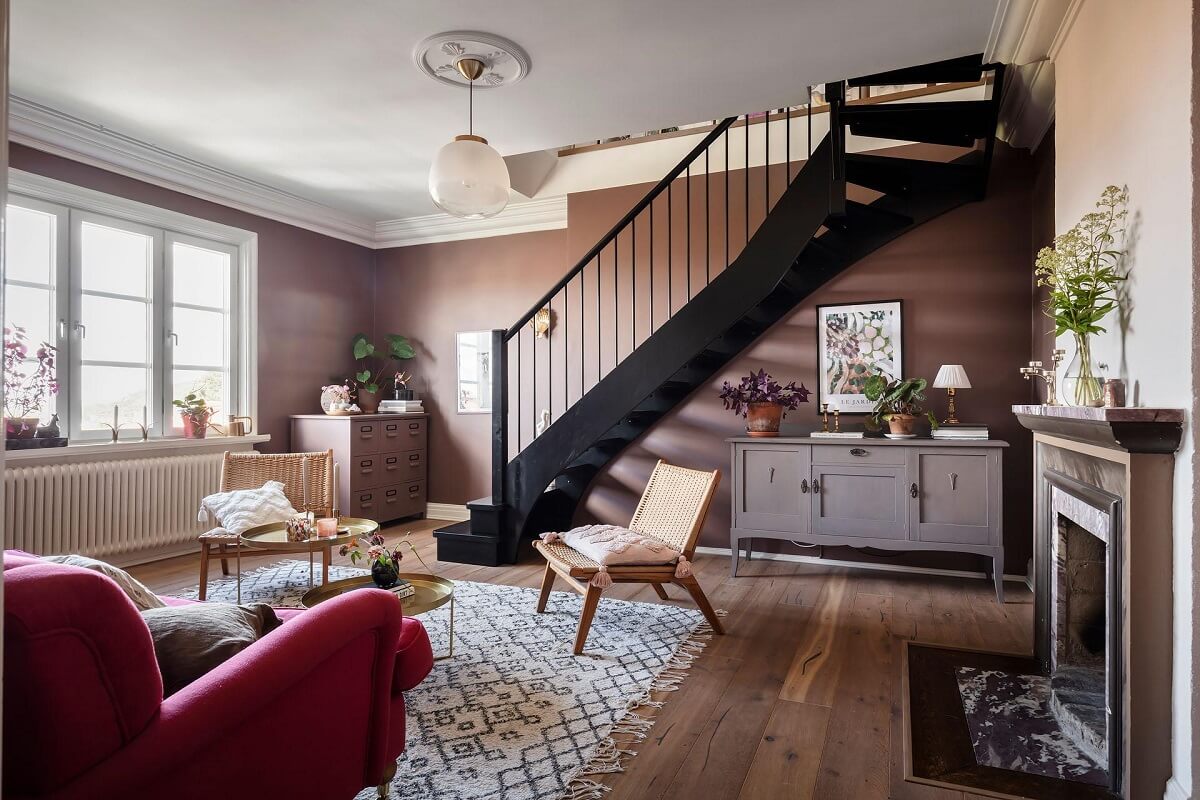 A Swedish Maisonette with Warm Pink Living Room 11 sitting-room-wooden-floor-warm-pink-walls-nordroom-