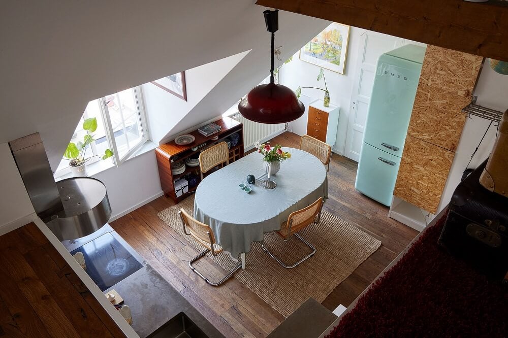 A Split-Level Attic Apartment with Blue Bedroom 3 split-level-apartment-kitchen-dining-room-nordroom