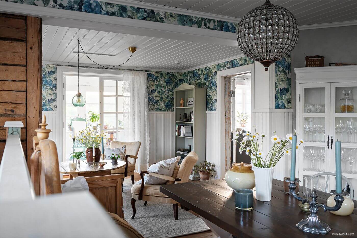 A Charming Swedish Villa Filled with Wallpaper 4 swedish-country-home-dining-room-sitting-room-wallpaper-nordroom