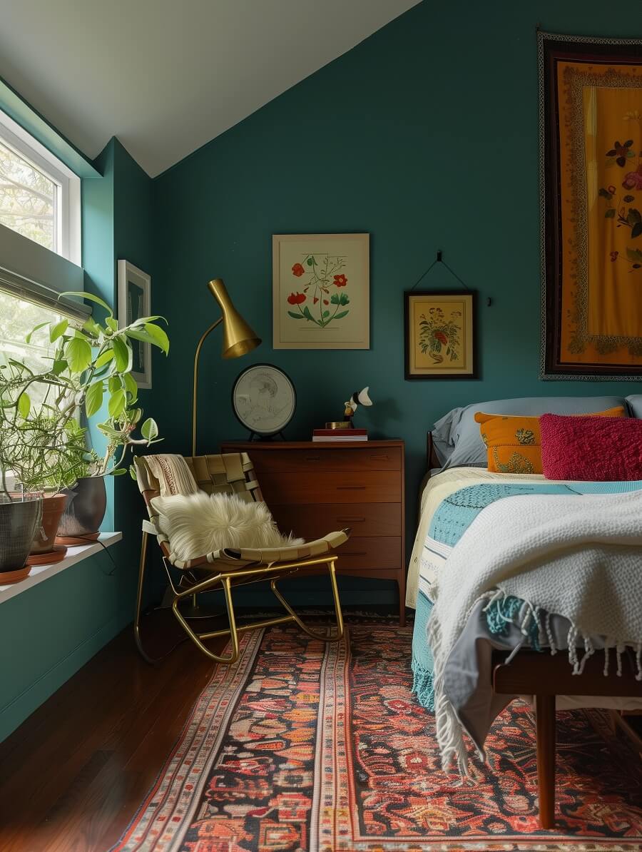 Glidden & PPG Color of the Year 2023: Vining Ivy 13 teal colored midcentury bedroom