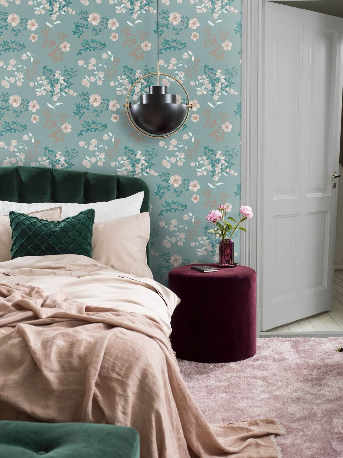 Glidden & PPG Color of the Year 2023: Vining Ivy 16 teal-floral-wallpaper-prairie-rose-borastapeter-bedroom-green-headboard-nordroom