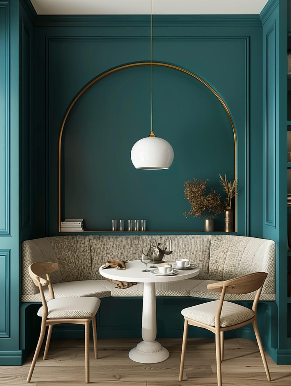 Glidden & PPG Color of the Year 2023: Vining Ivy 11 teal green dining nook Glidden & PPG Color of the Year 2023: Vining Ivy