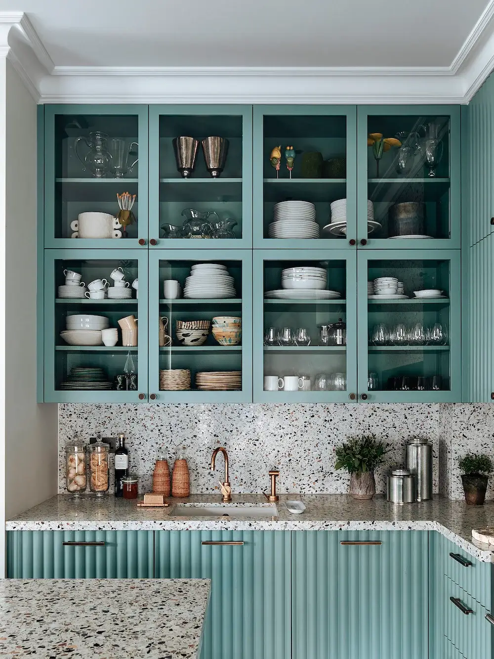 Glidden & PPG Color of the Year 2023: Vining Ivy 27 teal-kitchen-cabinets-terrazzo-worktops-nordroom
