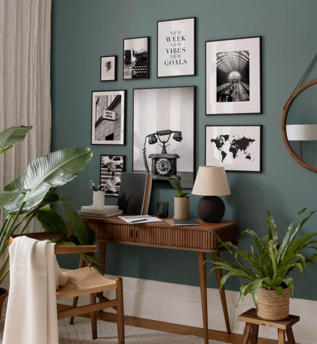 Glidden & PPG Color of the Year 2023: Vining Ivy 14 teal-wall-color-home-office-small-wooden-desk-black-white-art-nordroom