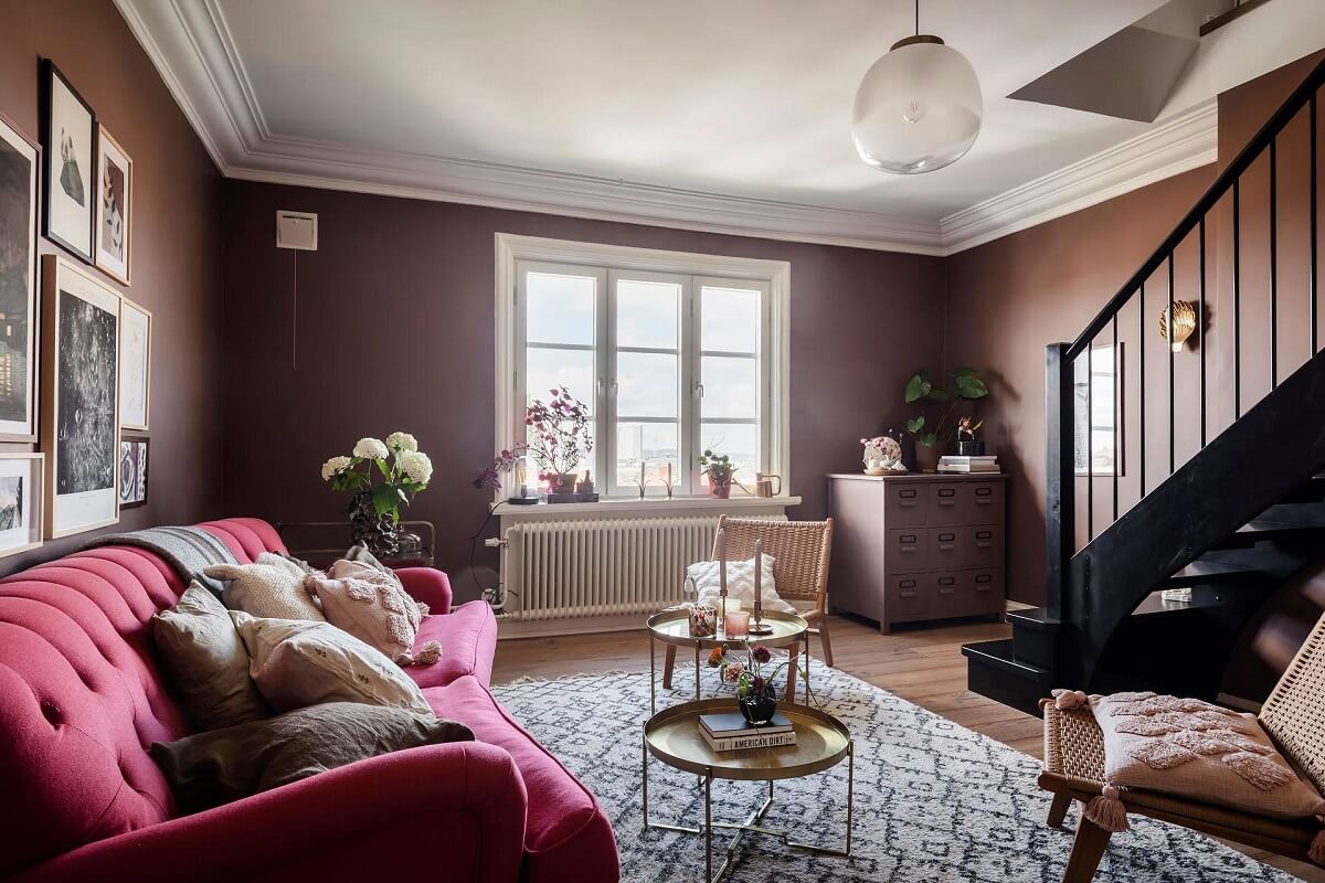 A Swedish Maisonette with Warm Pink Living Room 9 warm-pink-walls-wooden-floor-nordroom