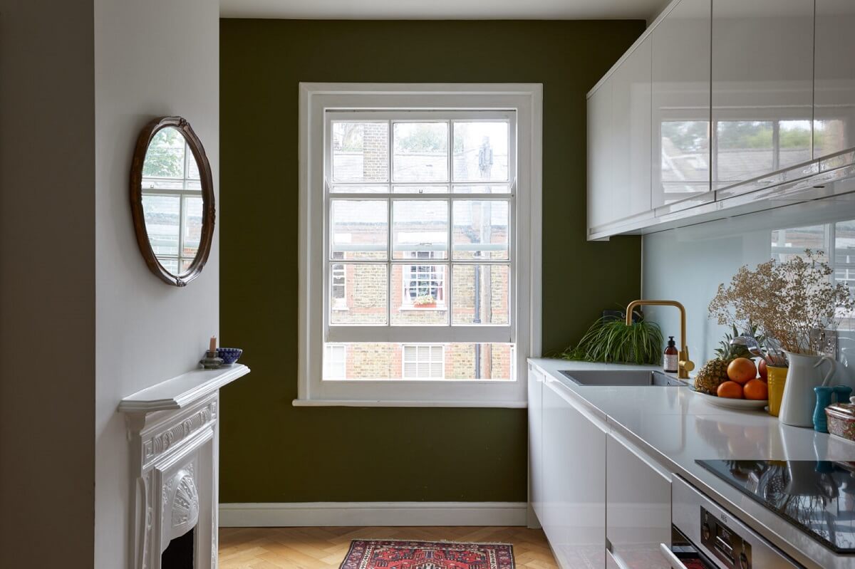 A London Apartment with Olive Green Living Room 9 white-modern-kitchen-olive-green-wall-nordroom