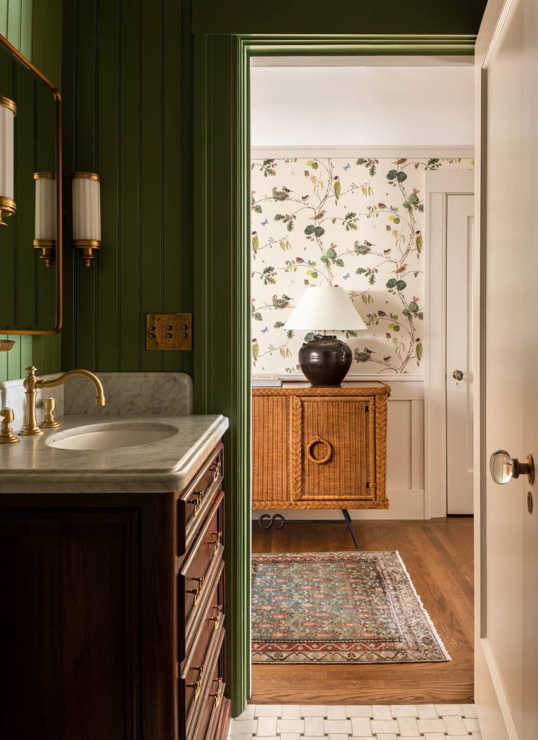 A Lesson in Color and Pattern in a San Francisco Home 15 Heidi-Caillier-Design-Cow-Hollow-SF-interior-design-green-bathroom-birds-wallpaper