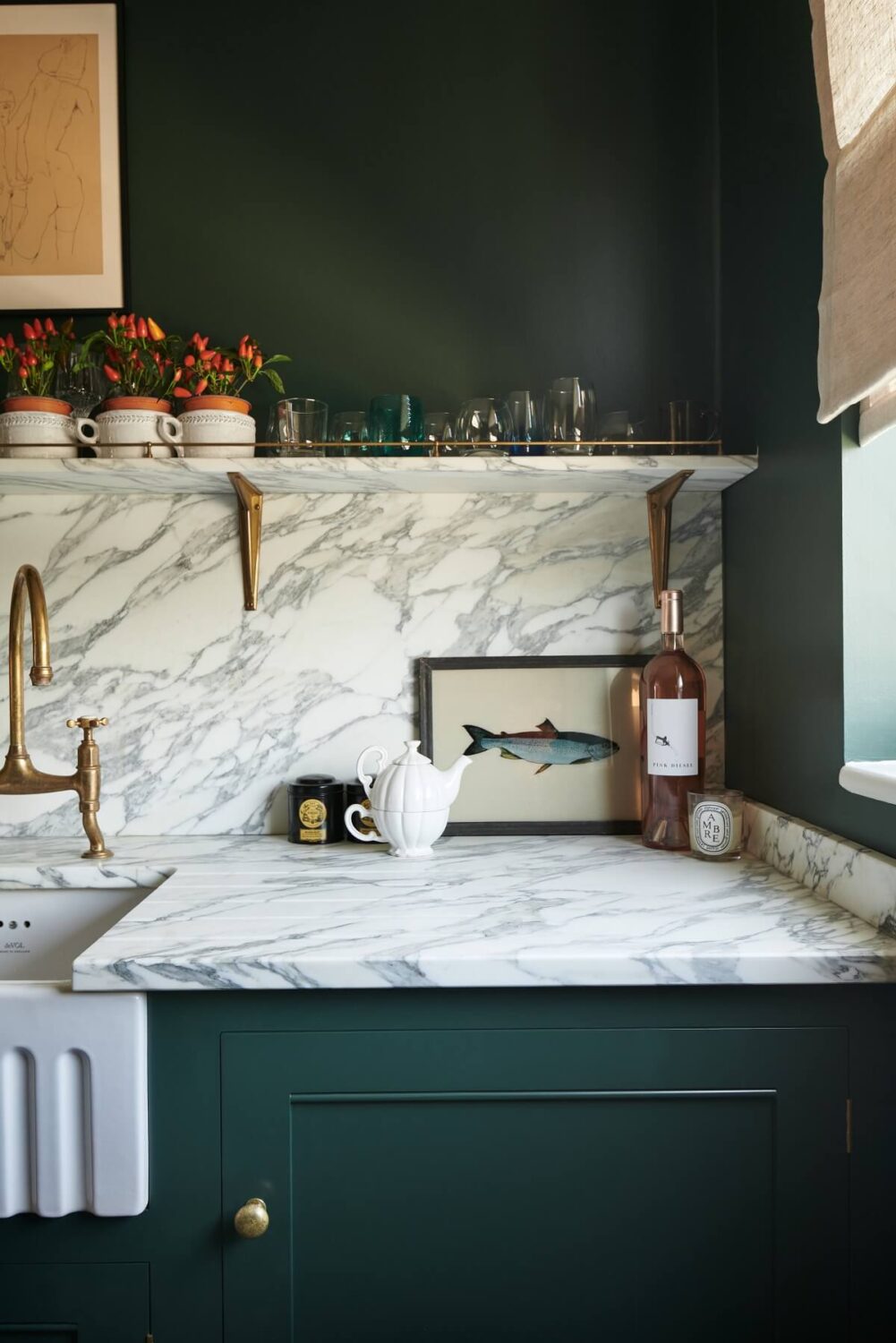 A Small Dark Green Classic English deVOL Kitchen 7 arabescato-marble-worktop-dark-green-devol-kitchen