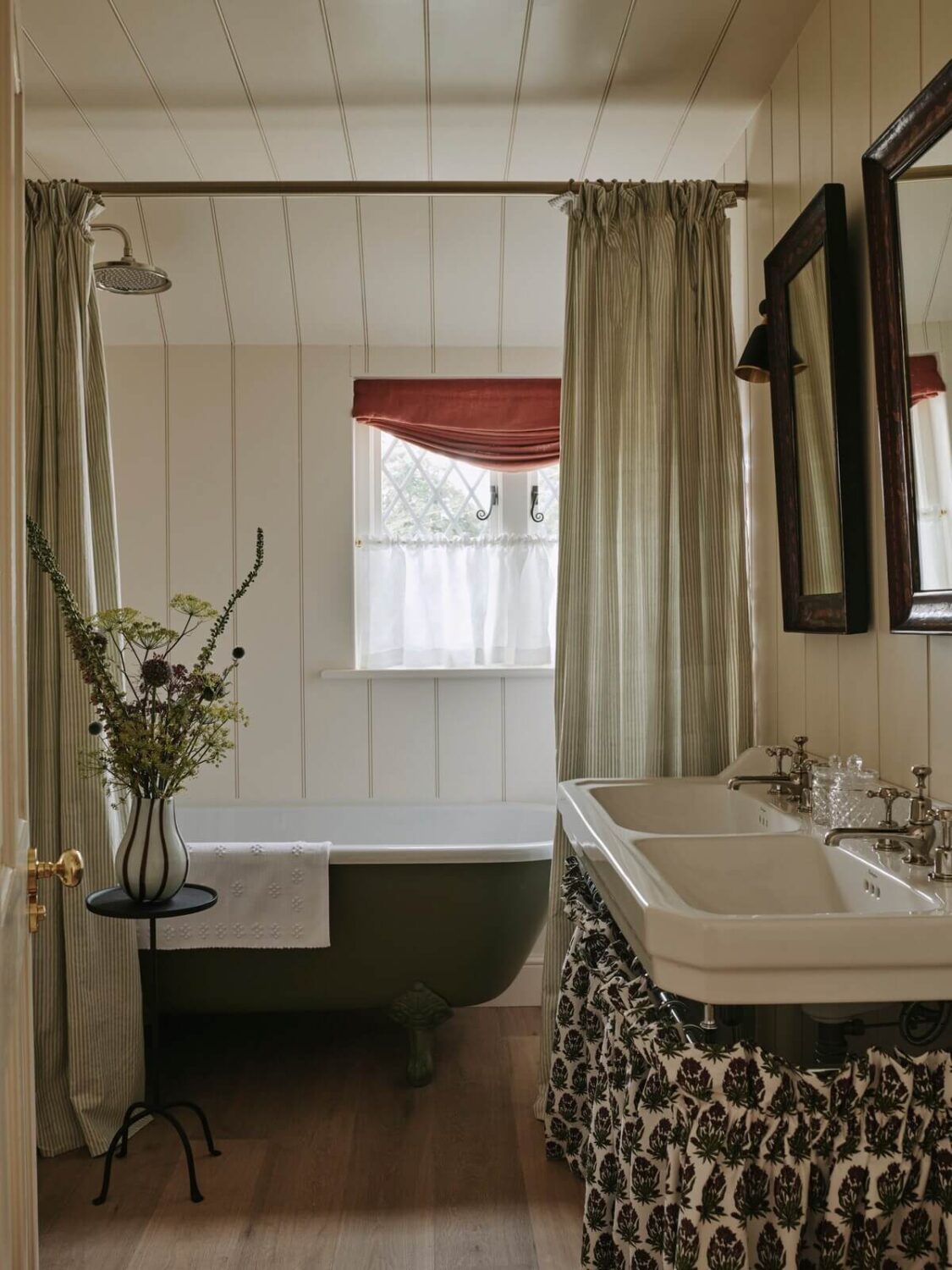 7 Simple Tricks To Make a Low Ceiling Look Taller 17 bathroom-freestanding-bath-green-english-cottage-nordroom