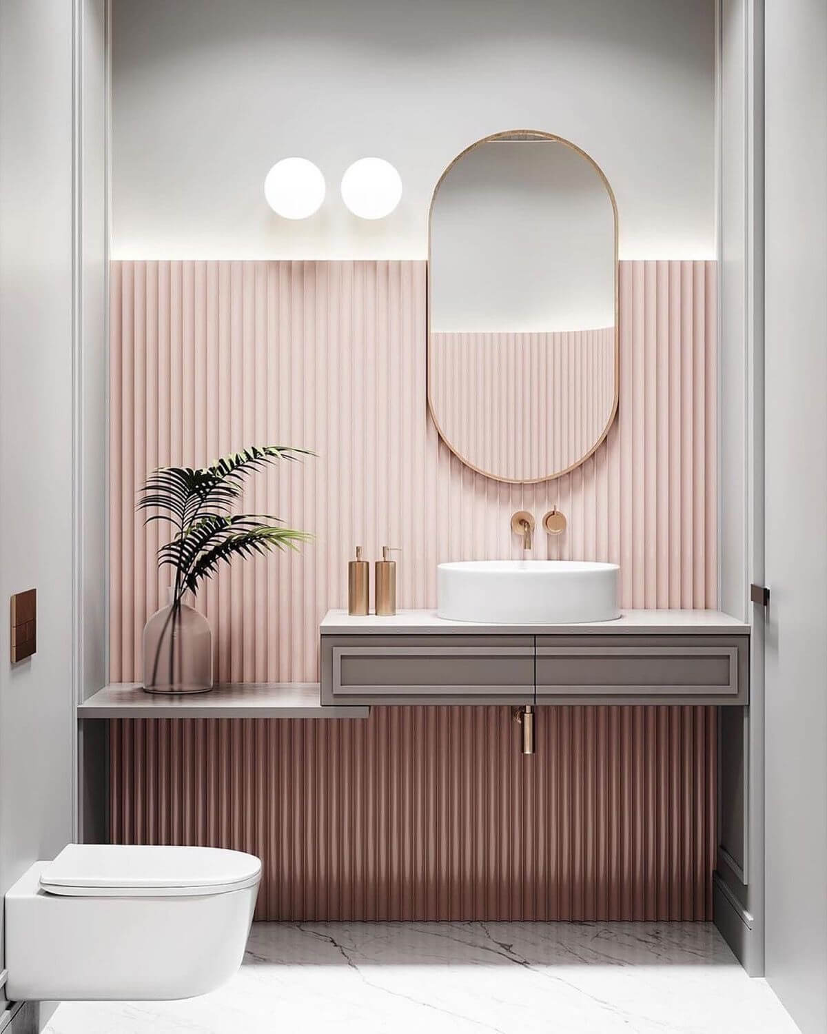 89 Pink Bathroom Ideas: From Hot Pink Walls to Blush Tiles 79 bathroom-textured-tiles-oval-mirror-redend-point-nordroom