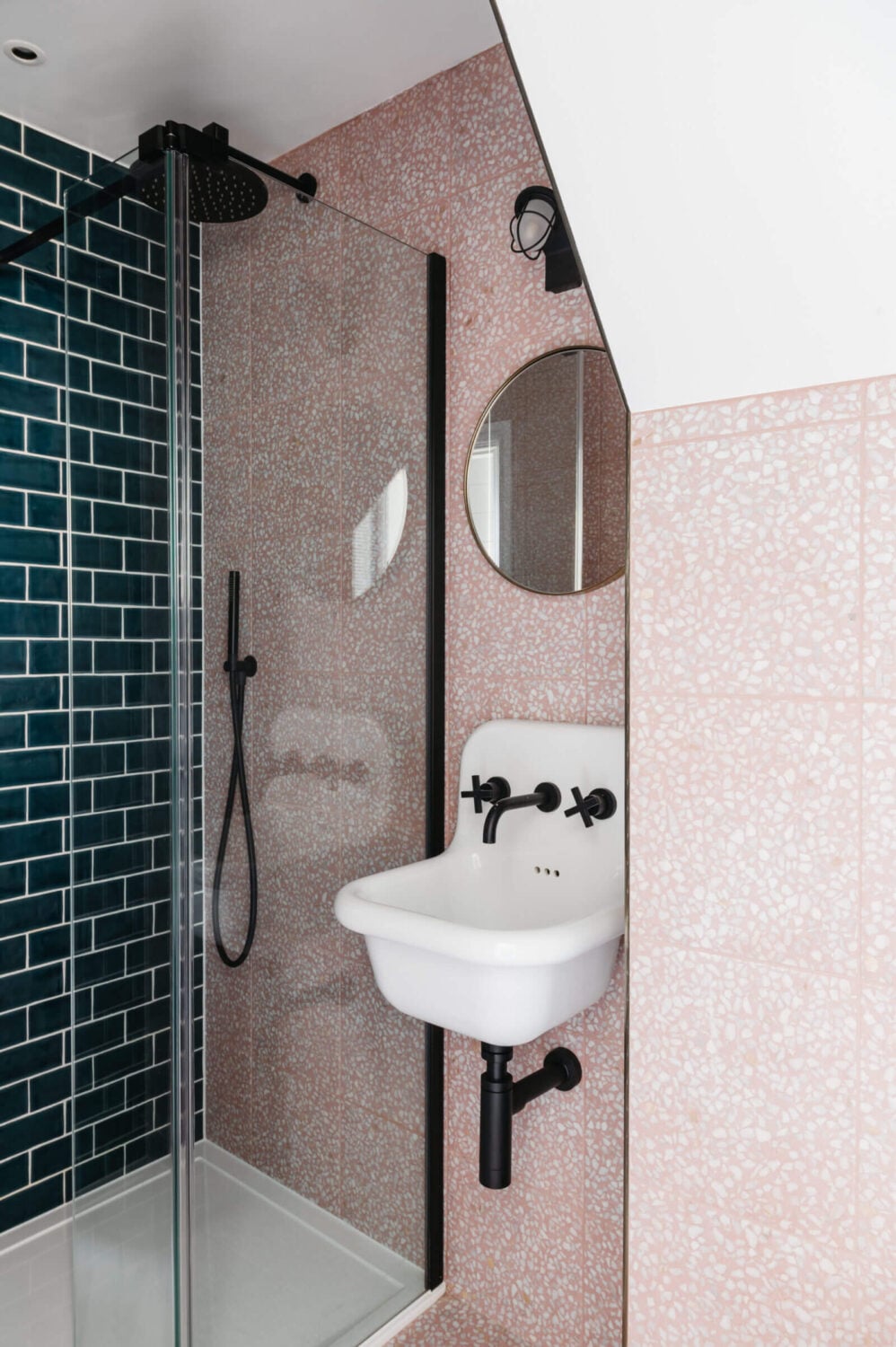 A Beautiful Duplex Apartment in Cornwall 14 bathroom-walk-in-shower-terrazzo-green-tiles-nordroom