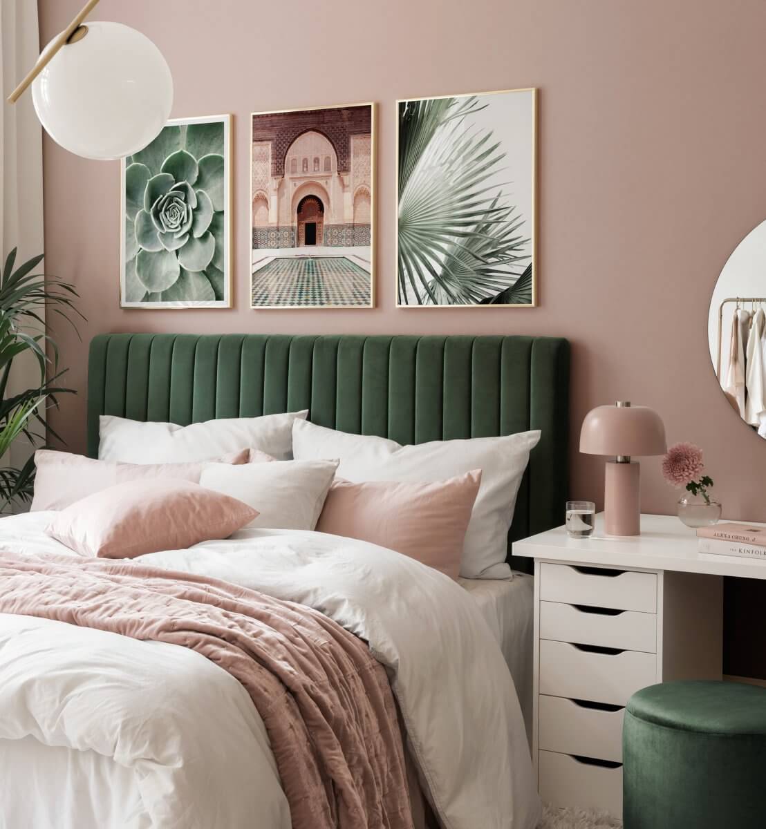 Sherwin-Williams Color of the Year 2023: Redend Point 34 bedroom-desk-green-headboard-warm-pink-walls-nordroom