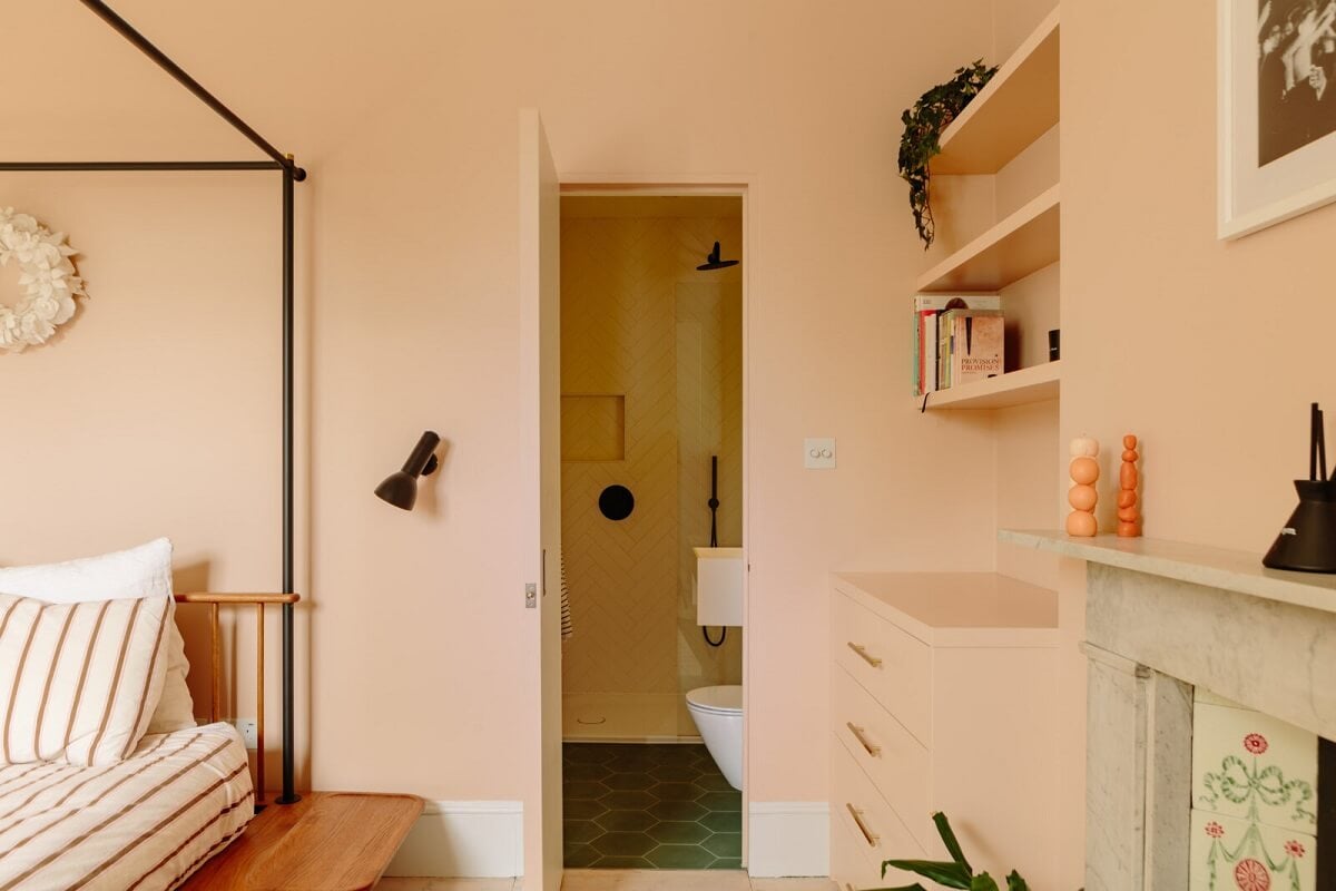A London Home with a Cheerful Green Sitting Room 15 bedroom-ensuite-bathroom-pink-walls-setting-plaster-farrow-ball-nordroom