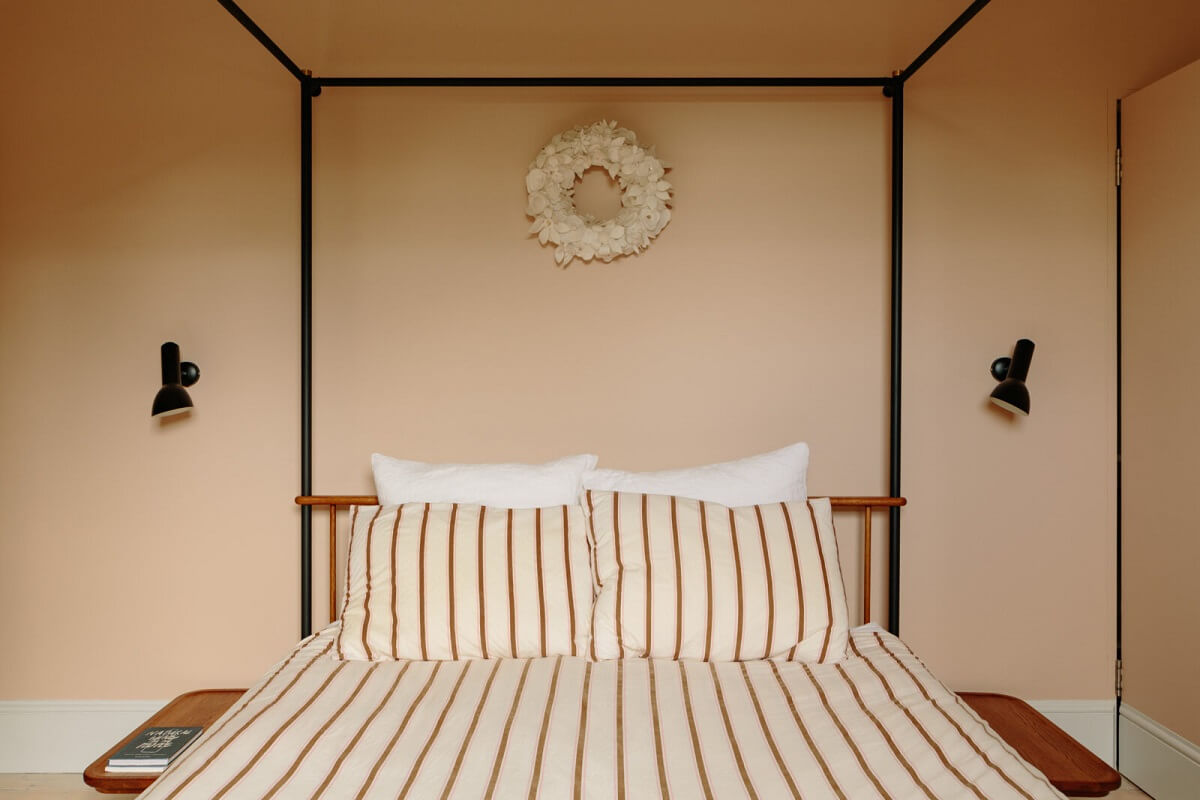 A London Home with a Cheerful Green Sitting Room 14 bedroom-pink-walls-canopy-bed-nordroom