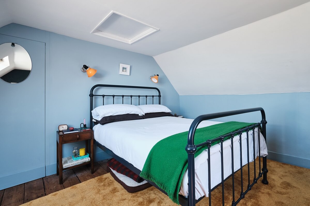 Bold Colors in a Charming English Cottage 16 bedroom-sloped-ceiling-pastel-blue-walls-nordroom