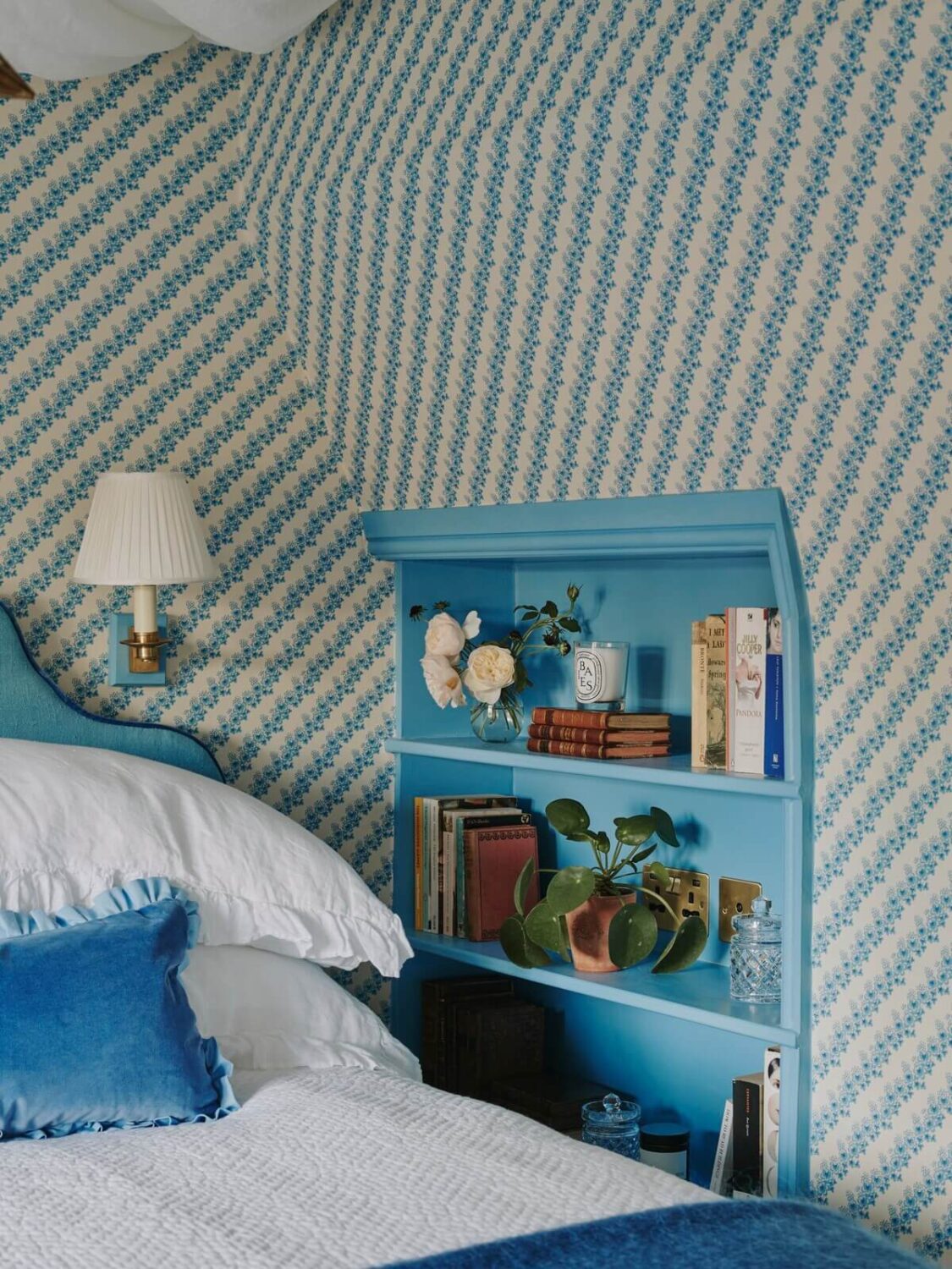 A Magical Pink Cottage in the English Countryside 10 blue-bedroom-wallpaper-built-in-shelves-nordroom