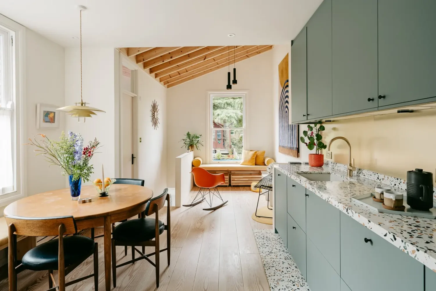 A London Home with Modern Extension and Color Accents 2 contemporary-extension-green-cabinets-terrazzo-worktop-nordroom