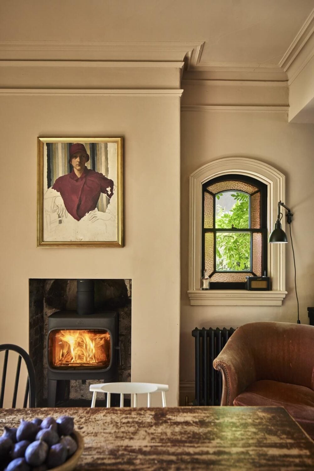 A Spectacular Victorian Villa with Contemporary Extension in Bath 7 dining-room-beige-walls-woodburner-rustic-dining-table-nordroom
