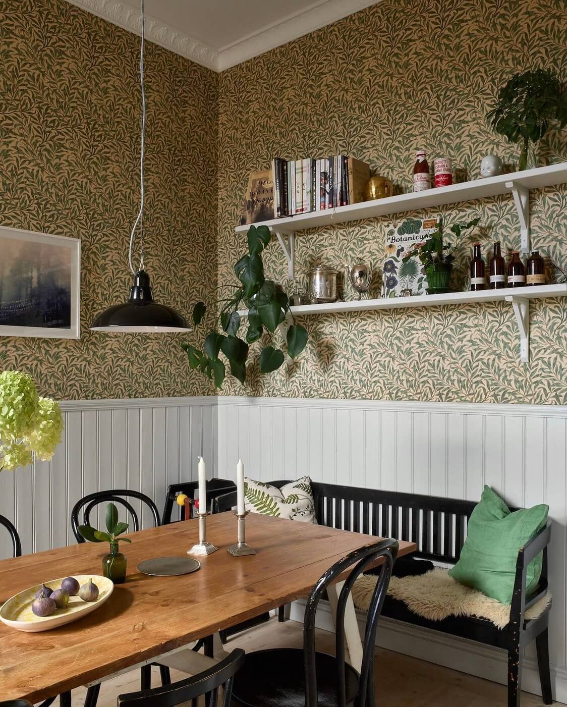 A Swedish Family Home Packed With Color 6 dining-room-william-morris-willow-boughs-wallpaper-bench-shelves-nordroom