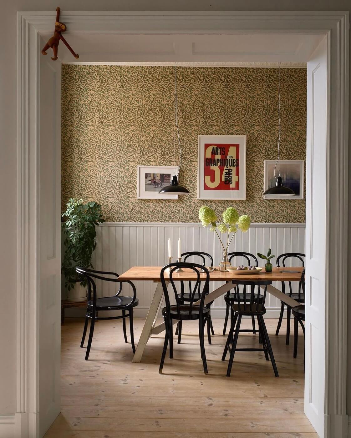 A Swedish Family Home Packed With Color 5 dining-room-william-morris-willow-boughs-wallpaper-nordroom