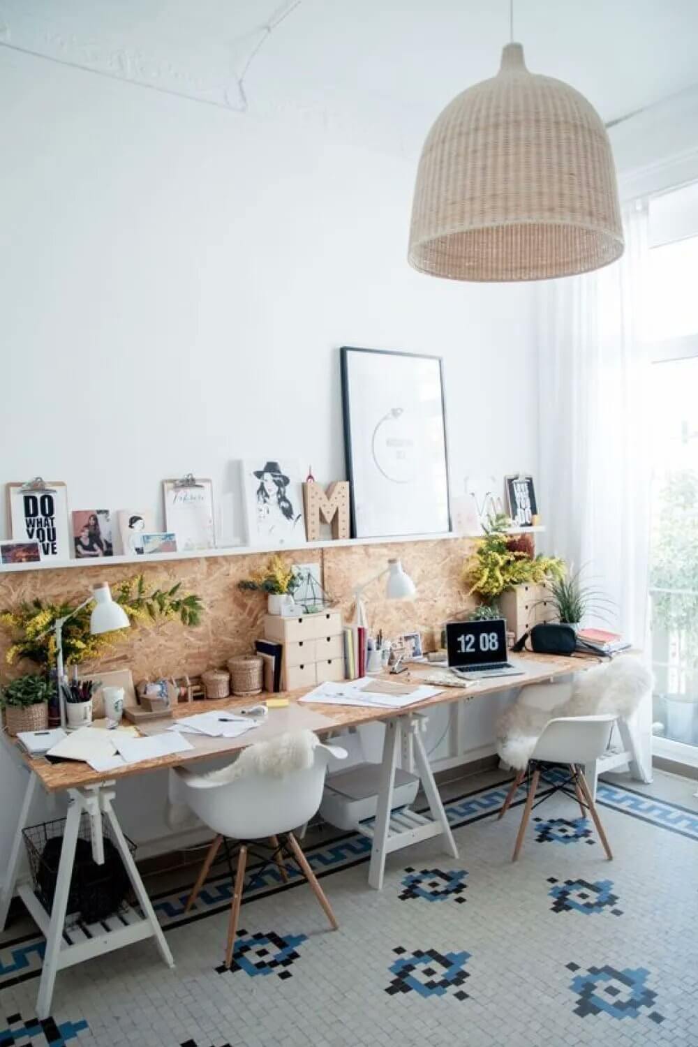 Double Desk IKEA Hacks That Will Boost Your Productivity 11 double-desk-plywood-table-top-mittback-trestle-shelf-nordroom