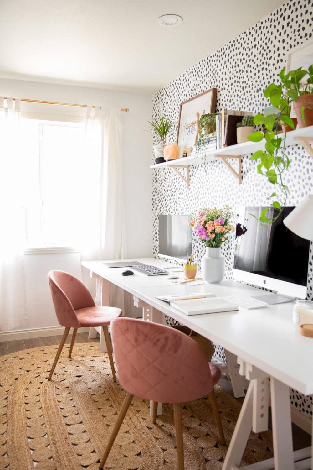 Best of 2022: Home Offices 6 double-ikea-desk-white-lagkapten-top-mittback-trestle-leg-pink-velvet-desk-chairs-dotted-wallpaper-nordroom