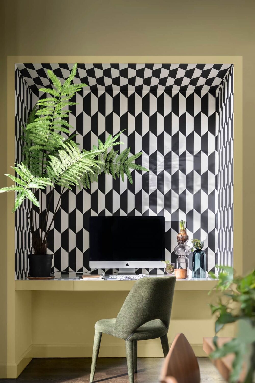 Dulux Colour of the Year 2023: Wild Wonder 6 dulux-color-trends-color-of-the-year-wild-wonder-2023-lush-color-palette-built-in-home-office-geometric-accent-wall-nordroom