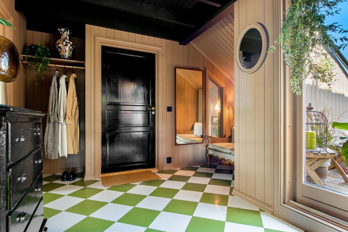 A Charming Attic Apartment Decorated with Color 20 hallway-green-white-checkboard-floor-nordroom